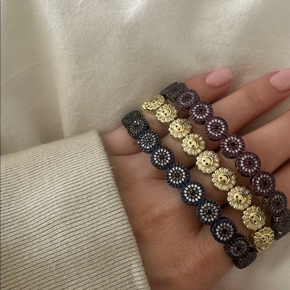 Gold and Dark Multi-Color Floral Disc Stretch Bracelet Trio